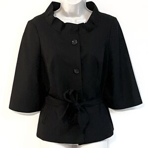 The Limited Stand Up Ruffle Collar Belted Blazer 3/4 Sleeve Solid Black Medium